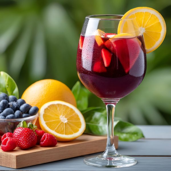 Refreshing sangria with various fruits including orange, berries and lemon slice