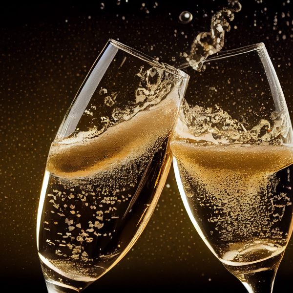 Celebratory champagne pouring into elegant wineglass, splashing liquid generated by artificial intelligence
