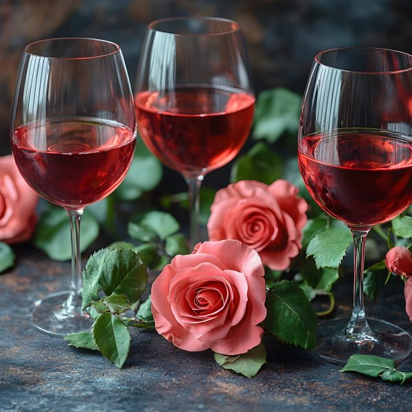 Elegant still life featuring three glasses of red wine surrounded by pink roses and lush green leaves. perfect for romantic settings, valentine s day celebrations, or floral-inspired decor themes. Generative AI