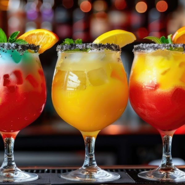 Three colorful cocktails on a bar counter. The drinks are garnished with fruit slices and served in elegant glasses. The background features a blurred bar setting