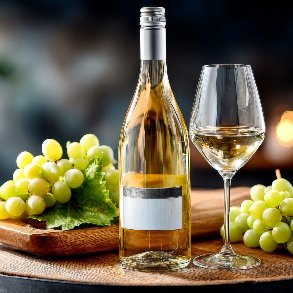 White wine and fresh grapes on a barrel. A bottle of white wine sits next to a glass and fresh green grapes arranged on a wooden barrel, creating a rustic feel.